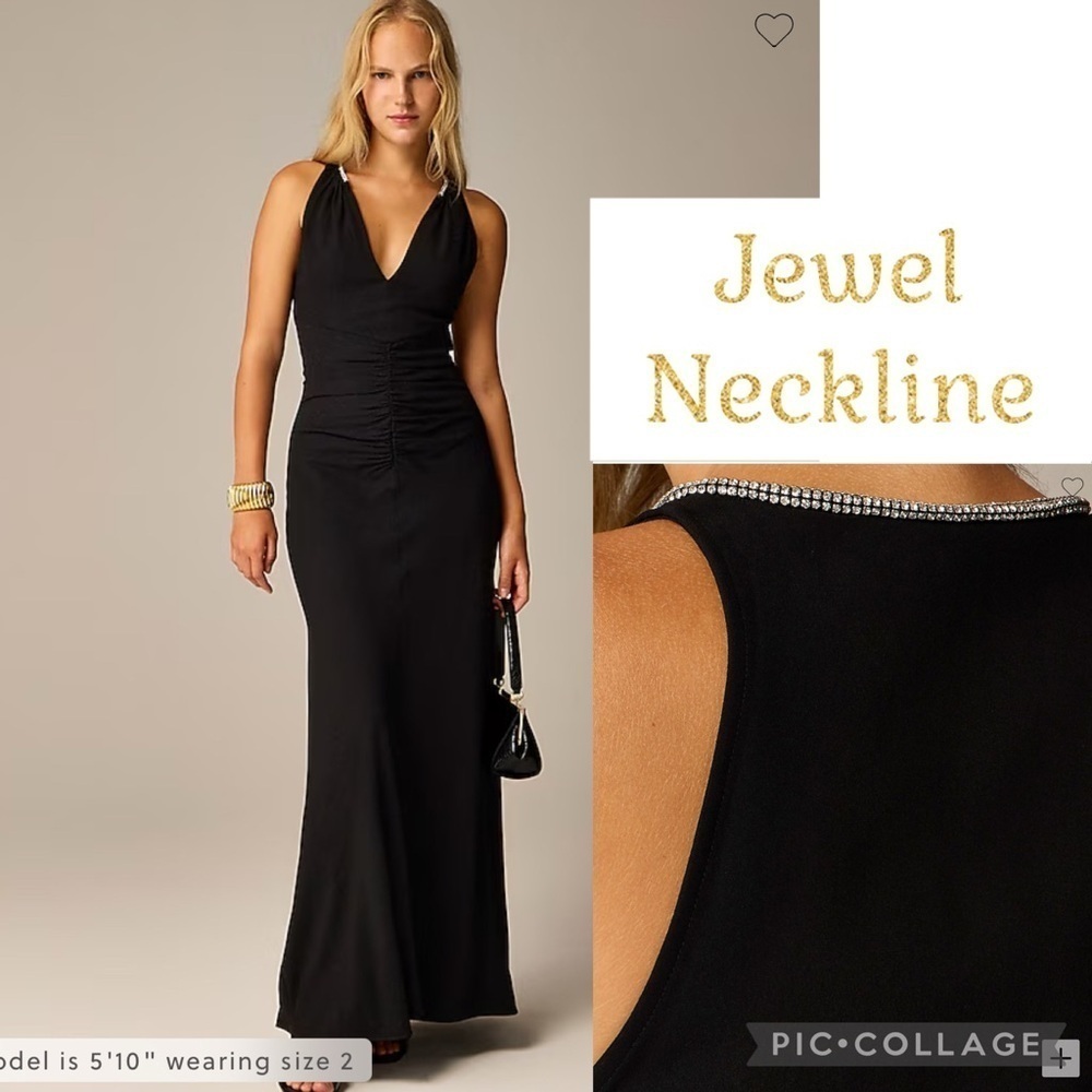 JCrew Long Black Formal Dress sleeveless Halter deep v Maxi Embellished Ruched